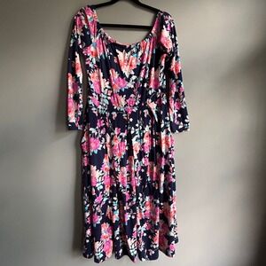 My Amelia James Floral Midi Dress Navy‎ Blue Pink Long Sleeve Pockets BD9015 L
